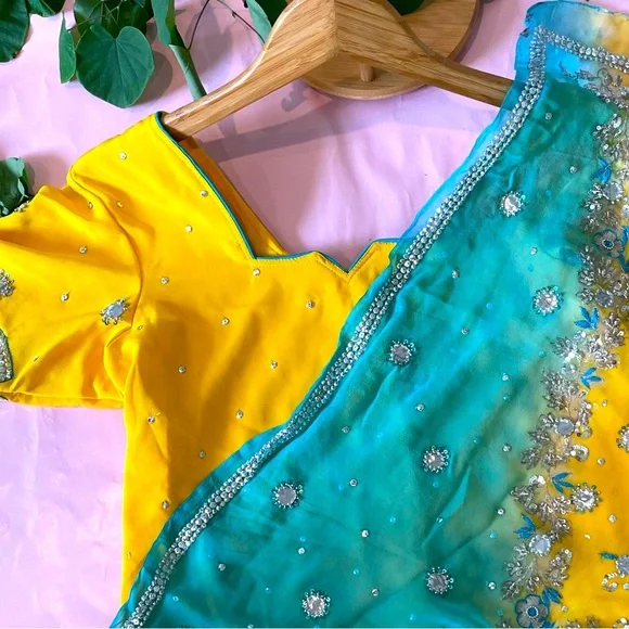 Salwar kameez embroidered Punjabi suit ready to wear yellow blue heavy - Picture 1 of 10